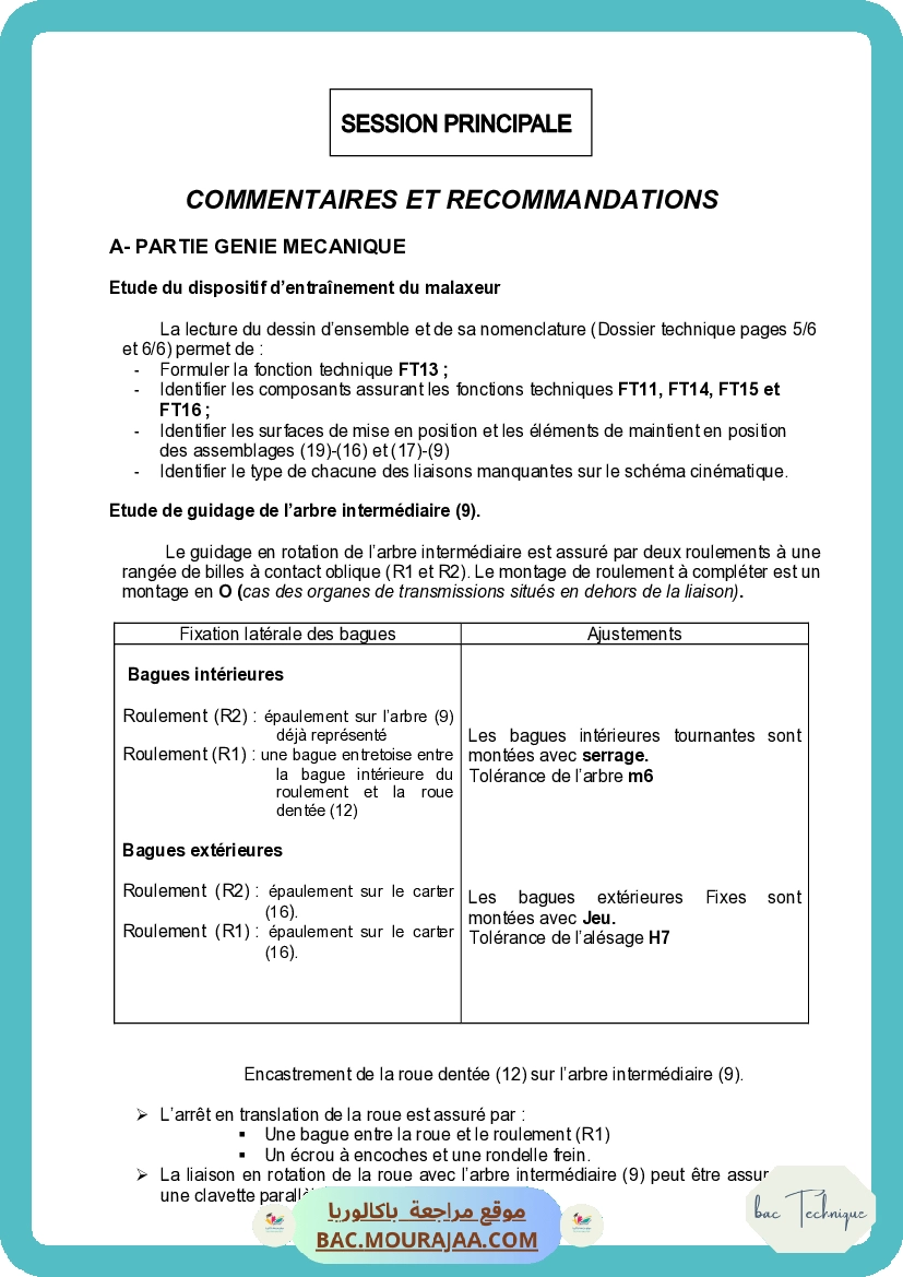 Corrigé principale technique Bac 2009 – Section technique